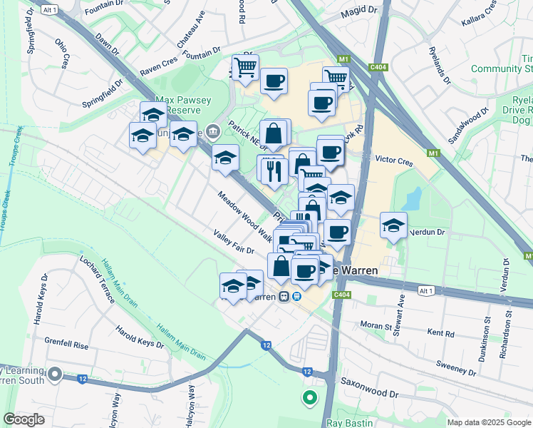 map of restaurants, bars, coffee shops, grocery stores, and more near 443 Princes Highway in Narre Warren