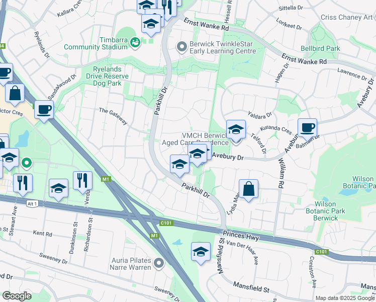 map of restaurants, bars, coffee shops, grocery stores, and more near 4 Mahogany Avenue in Berwick