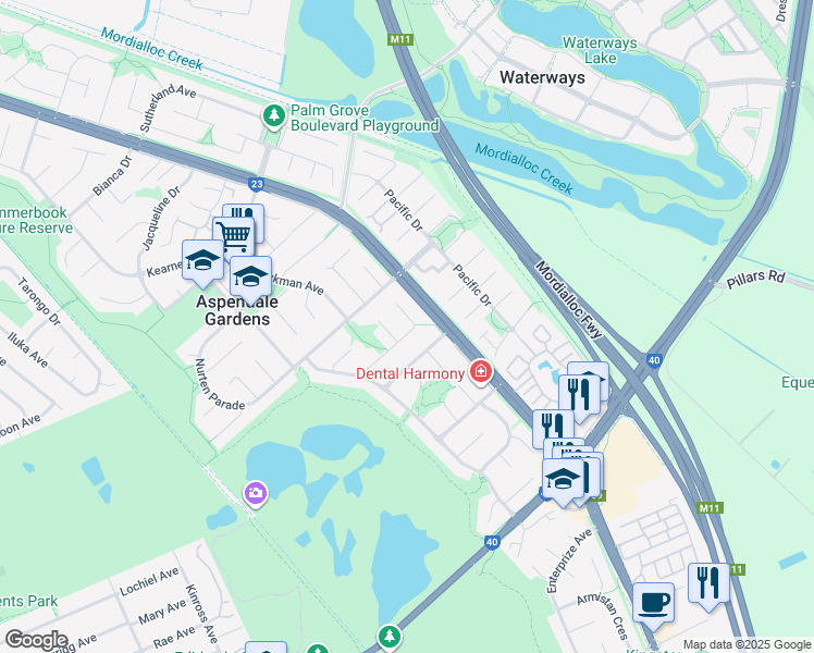 map of restaurants, bars, coffee shops, grocery stores, and more near 18 Lance Close in Aspendale Gardens