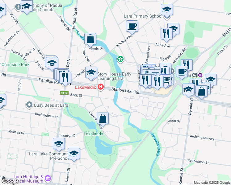 map of restaurants, bars, coffee shops, grocery stores, and more near 88 Station Lake Road in Lara