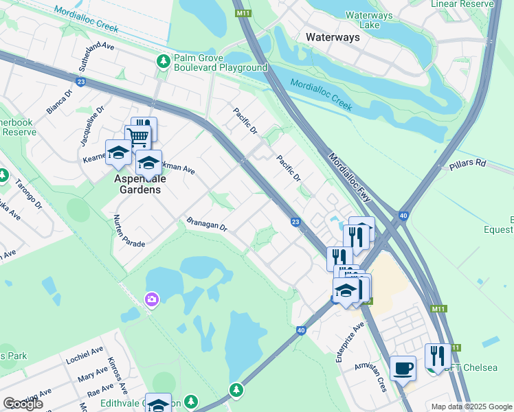 map of restaurants, bars, coffee shops, grocery stores, and more near 10 Llewellyn Avenue in Aspendale Gardens