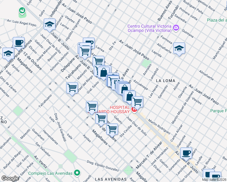 map of restaurants, bars, coffee shops, grocery stores, and more near 7600 Buenos Aires in Mar del Plata