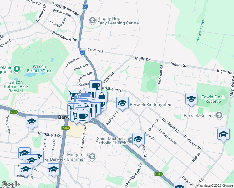 map of restaurants, bars, coffee shops, grocery stores, and more near 22 Brisbane Street in Berwick