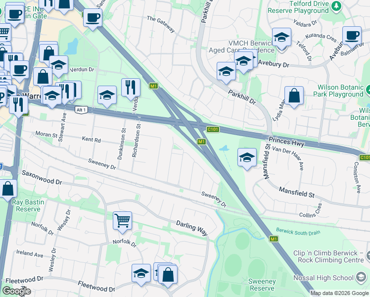 map of restaurants, bars, coffee shops, grocery stores, and more near 47 Tralee Circuit in Narre Warren