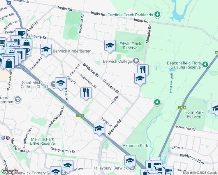 map of restaurants, bars, coffee shops, grocery stores, and more near 108 Brisbane Street in Berwick