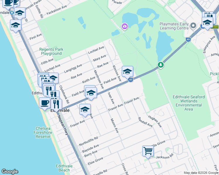map of restaurants, bars, coffee shops, grocery stores, and more near 79 Edithvale Road in Edithvale