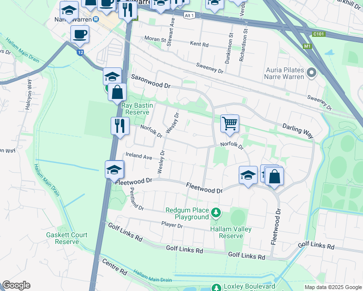 map of restaurants, bars, coffee shops, grocery stores, and more near 51 Norfolk Drive in Narre Warren