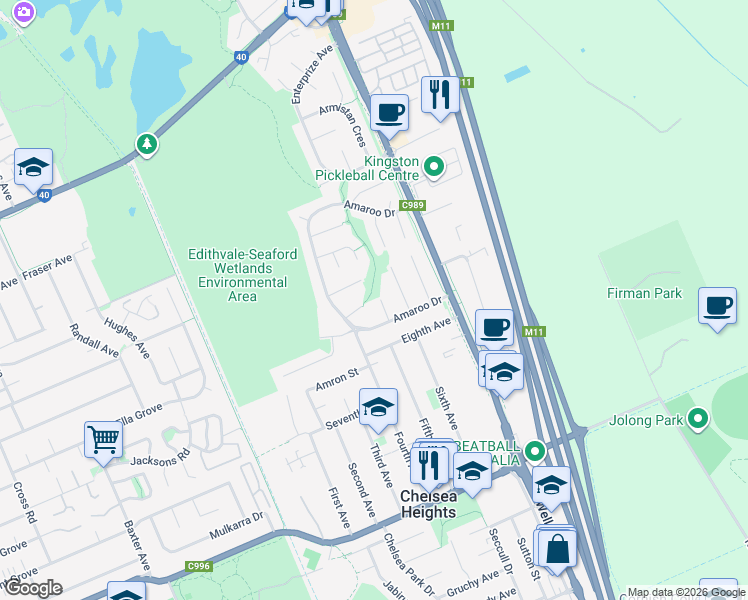 map of restaurants, bars, coffee shops, grocery stores, and more near 10 Enmore Court in Chelsea Heights