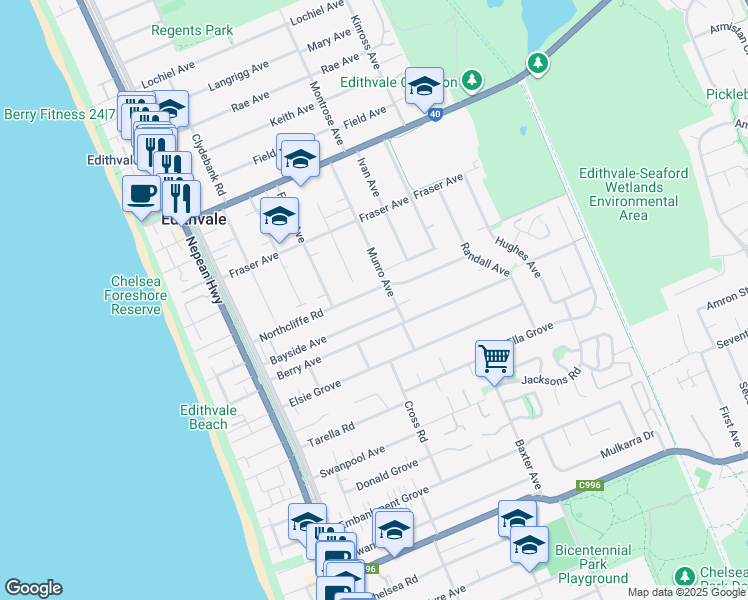 map of restaurants, bars, coffee shops, grocery stores, and more near 52 Northcliffe Road in Edithvale
