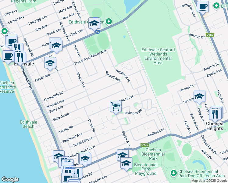 map of restaurants, bars, coffee shops, grocery stores, and more near 77 Elsie Grove in Edithvale