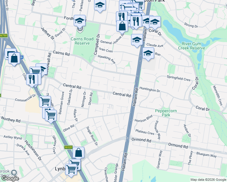 map of restaurants, bars, coffee shops, grocery stores, and more near 31 Central Road in Hampton Park