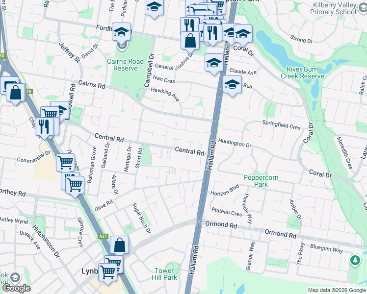 map of restaurants, bars, coffee shops, grocery stores, and more near 25 Central Road in Hampton Park