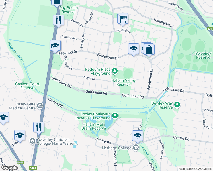 map of restaurants, bars, coffee shops, grocery stores, and more near 6 Avisha Way in Narre Warren