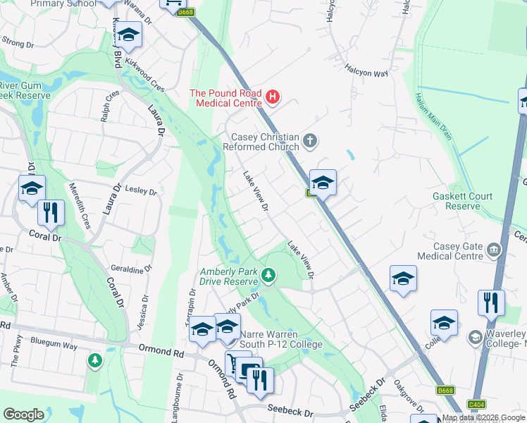 map of restaurants, bars, coffee shops, grocery stores, and more near 39 Lake View Drive in Narre Warren South