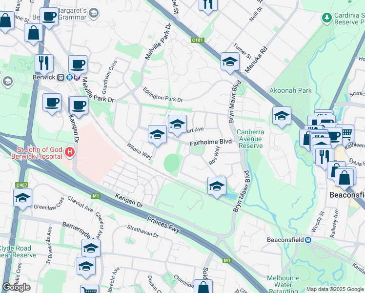map of restaurants, bars, coffee shops, grocery stores, and more near 57 Fairholme Boulevard in Berwick