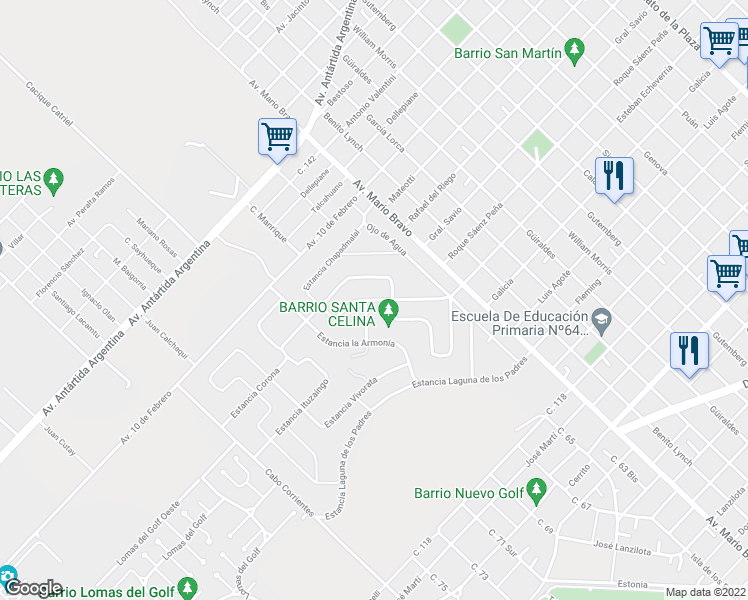 map of restaurants, bars, coffee shops, grocery stores, and more near Estancia Chapadmalal in Mar del Plata