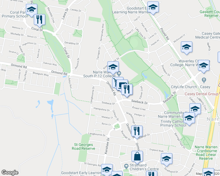 map of restaurants, bars, coffee shops, grocery stores, and more near 214 Ormond Road in Narre Warren South