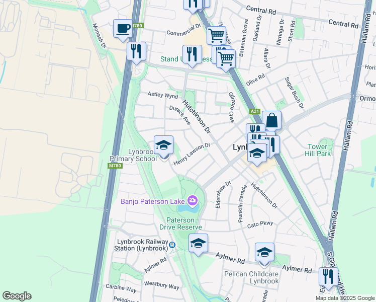map of restaurants, bars, coffee shops, grocery stores, and more near 36 Henry Lawson Drive in Lynbrook