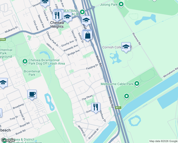 map of restaurants, bars, coffee shops, grocery stores, and more near 5 Zeus Court in Chelsea Heights