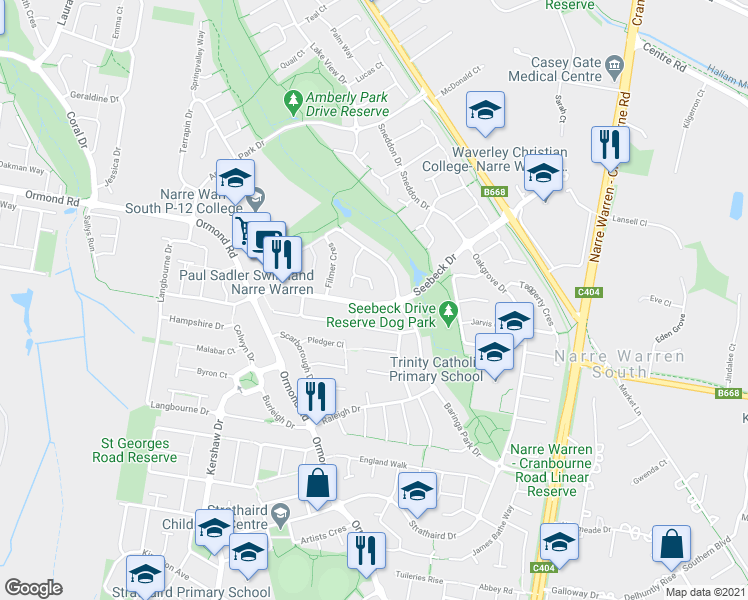 map of restaurants, bars, coffee shops, grocery stores, and more near 57 Seebeck Drive in Narre Warren South