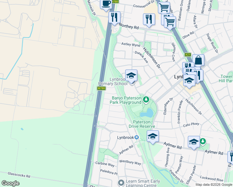 map of restaurants, bars, coffee shops, grocery stores, and more near Butternut Drive in Lyndhurst