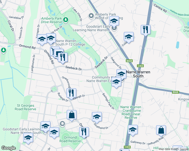 map of restaurants, bars, coffee shops, grocery stores, and more near 61 Baringa Park Drive in Narre Warren South