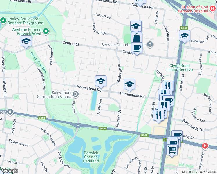 map of restaurants, bars, coffee shops, grocery stores, and more near 3 Bellevue Drive in Berwick