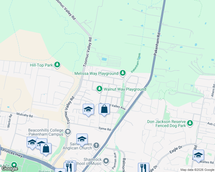 map of restaurants, bars, coffee shops, grocery stores, and more near 27 Tangelo Terrace in Pakenham