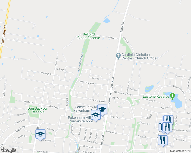 map of restaurants, bars, coffee shops, grocery stores, and more near 128 Manna Gum Drive in Pakenham