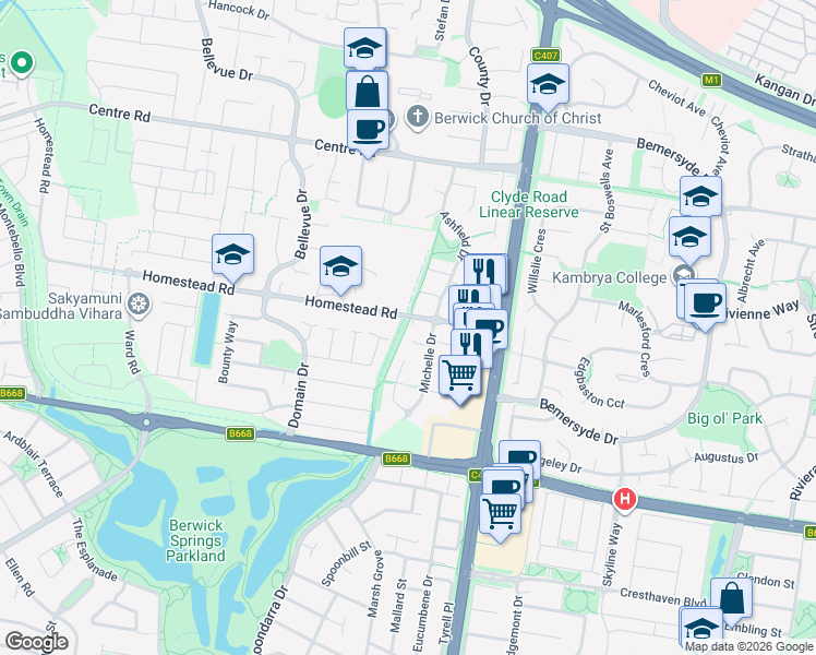 map of restaurants, bars, coffee shops, grocery stores, and more near 31 Homestead Road in Berwick