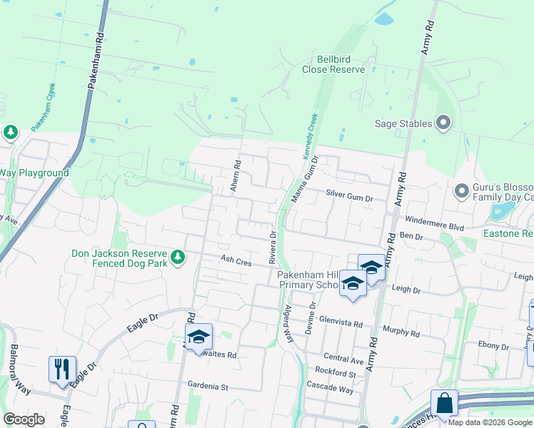 map of restaurants, bars, coffee shops, grocery stores, and more near 12 Redcherry Court in Pakenham