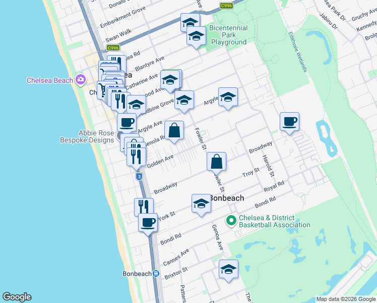 map of restaurants, bars, coffee shops, grocery stores, and more near 34 Golden Avenue in Bonbeach