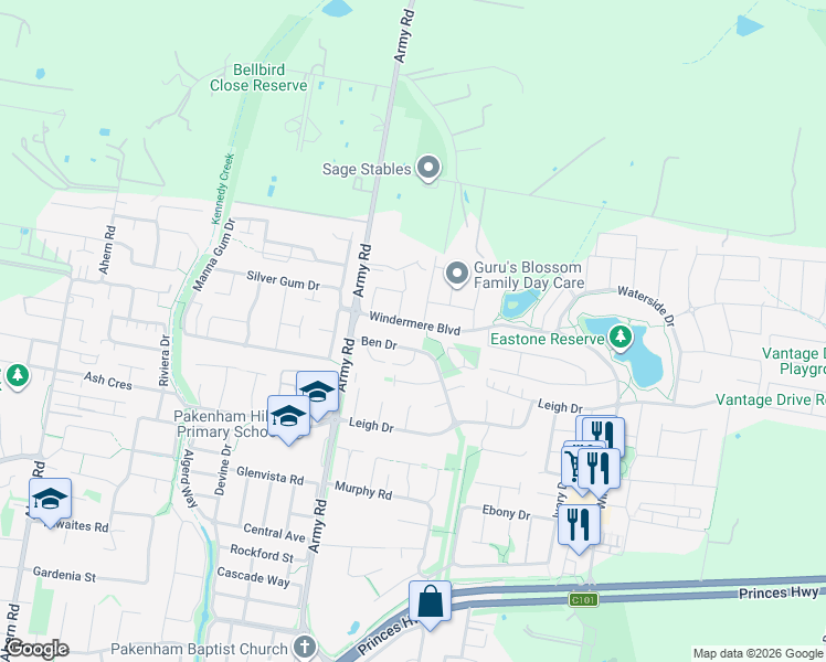 map of restaurants, bars, coffee shops, grocery stores, and more near 22 Windermere Boulevard in Pakenham