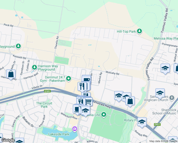 map of restaurants, bars, coffee shops, grocery stores, and more near 31 Obrien Parade in Pakenham