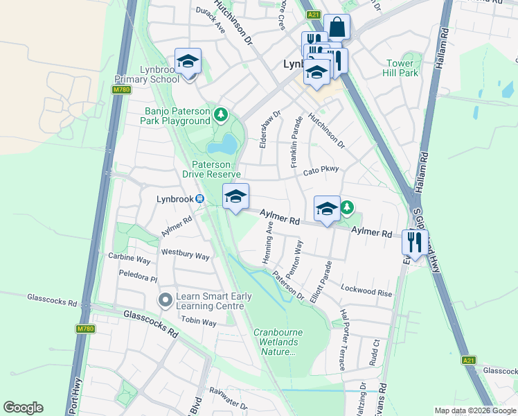 map of restaurants, bars, coffee shops, grocery stores, and more near 93 Aylmer Road in Lynbrook