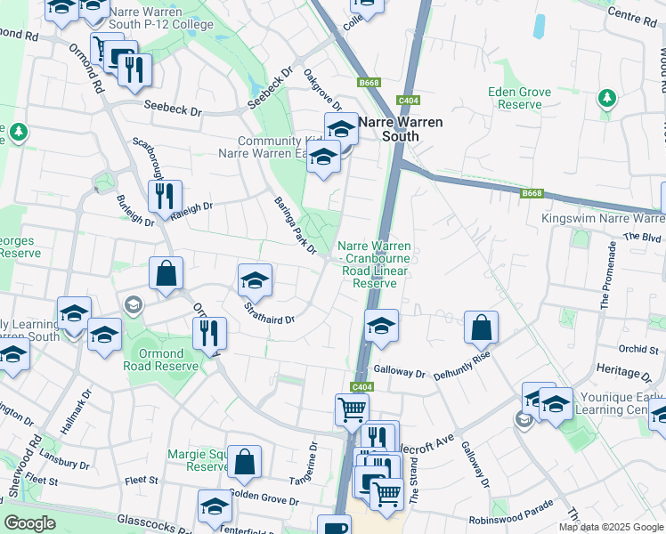 map of restaurants, bars, coffee shops, grocery stores, and more near 2 Strathaird Drive in Narre Warren South
