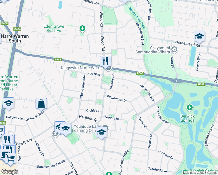 map of restaurants, bars, coffee shops, grocery stores, and more near 29 Hickory Drive in Narre Warren South