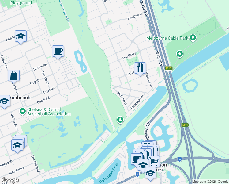 map of restaurants, bars, coffee shops, grocery stores, and more near 40 Wetland Drive in Patterson Lakes