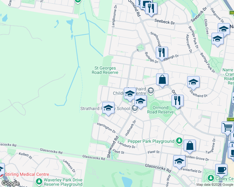 map of restaurants, bars, coffee shops, grocery stores, and more near 8 Exeter Place in Narre Warren South