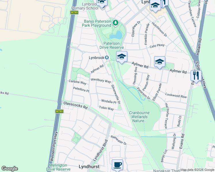 map of restaurants, bars, coffee shops, grocery stores, and more near 18 Aspendale Place in Lyndhurst