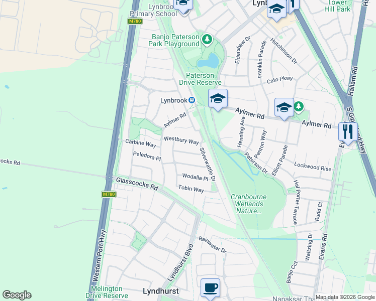 map of restaurants, bars, coffee shops, grocery stores, and more near 12 Aspendale Place in Lyndhurst