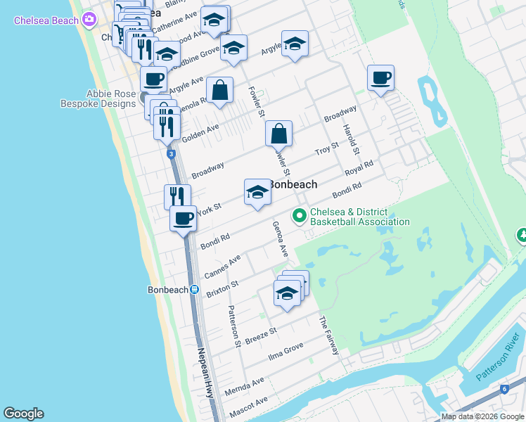 map of restaurants, bars, coffee shops, grocery stores, and more near 45 Bondi Road in Bonbeach