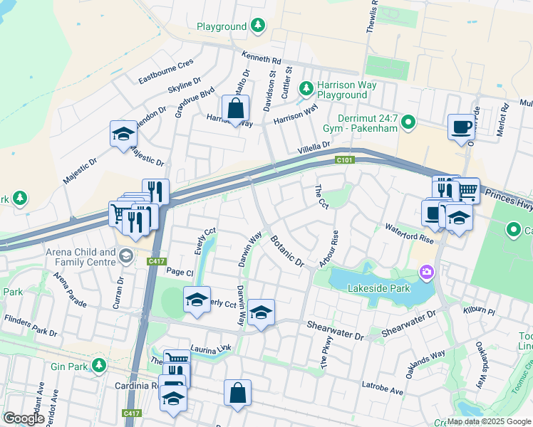 map of restaurants, bars, coffee shops, grocery stores, and more near 17 Botanic Drive in Pakenham