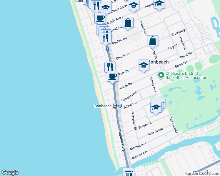 map of restaurants, bars, coffee shops, grocery stores, and more near 3 Harding Avenue in Bonbeach