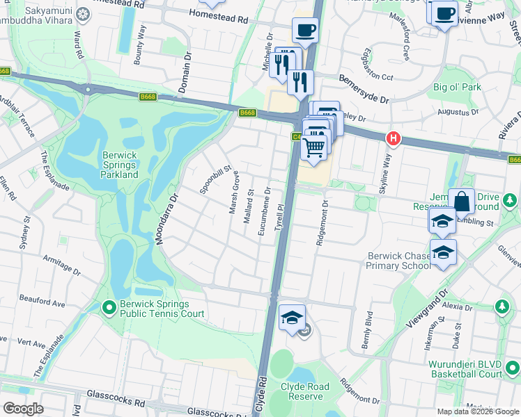 map of restaurants, bars, coffee shops, grocery stores, and more near 33 Eucumbene Drive in Berwick