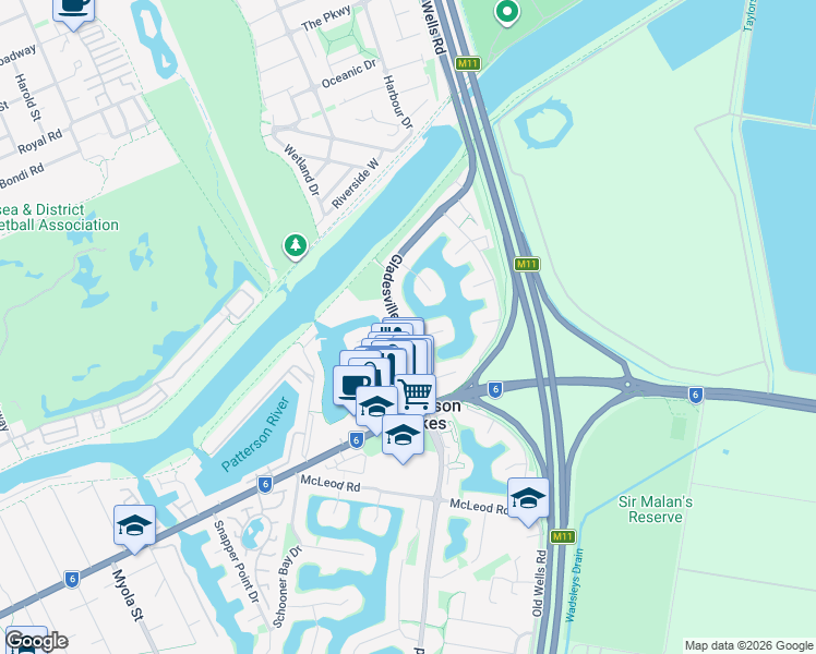 map of restaurants, bars, coffee shops, grocery stores, and more near 41 Gladesville Boulevard in Patterson Lakes
