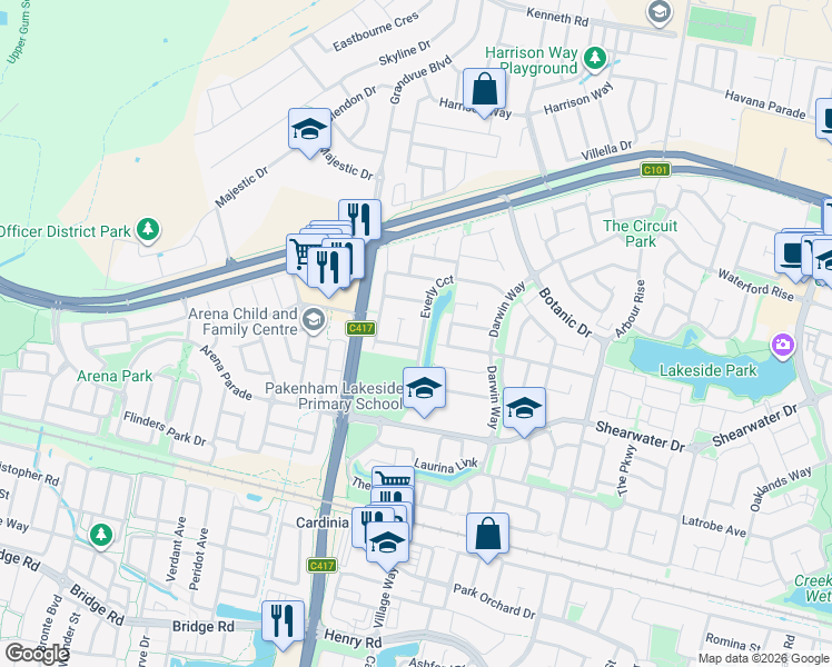 map of restaurants, bars, coffee shops, grocery stores, and more near 50 Everly Circuit in Pakenham
