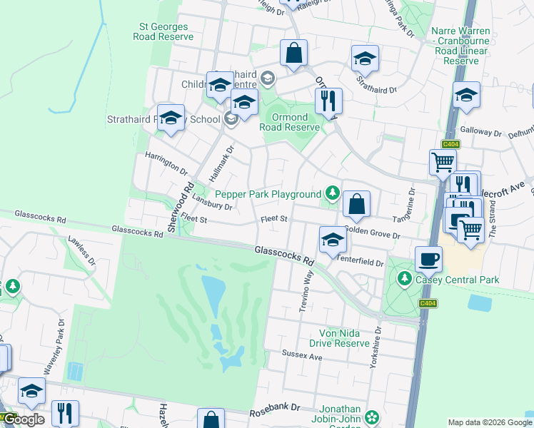 map of restaurants, bars, coffee shops, grocery stores, and more near 54 Fleet Street in Narre Warren South