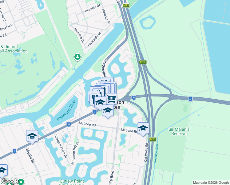 map of restaurants, bars, coffee shops, grocery stores, and more near 5 Alkira Court in Patterson Lakes