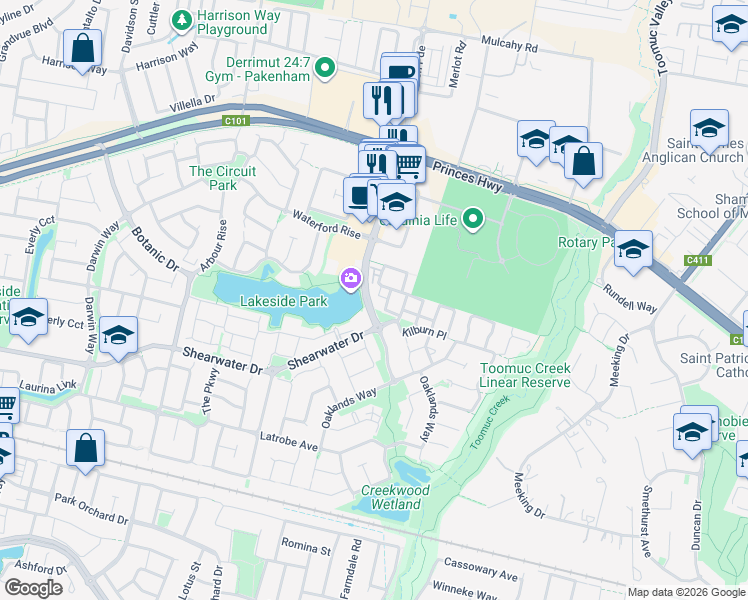 map of restaurants, bars, coffee shops, grocery stores, and more near 65 Lakeside Boulevard in Pakenham